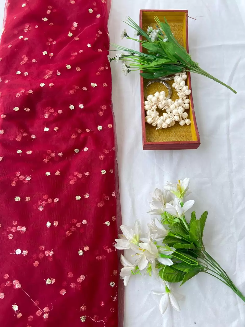 All Over Gold Sequin Buti On Maroon Net Fabric