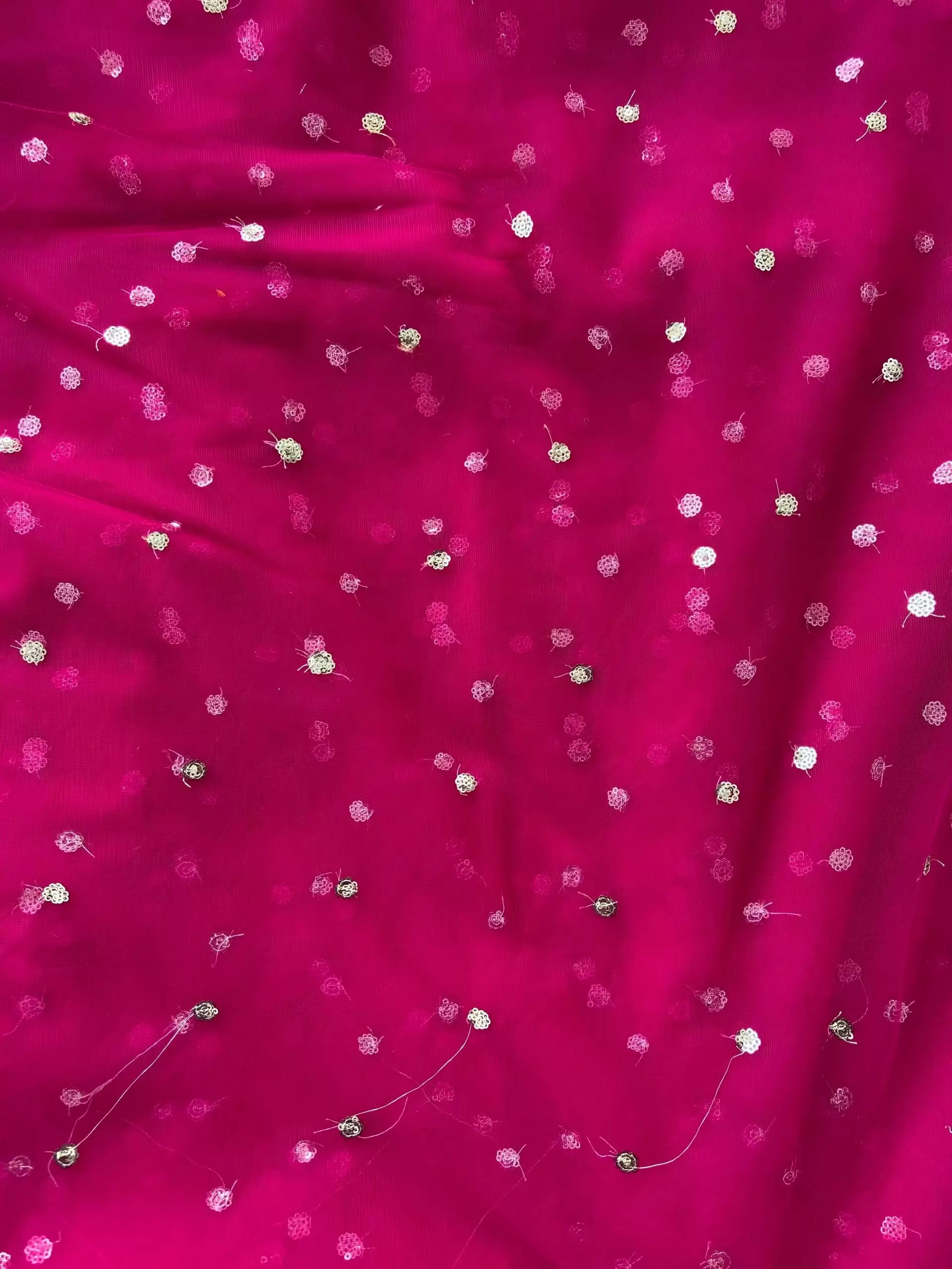 All Over Gold Sequin Buti On Rani Pink Net Fabric