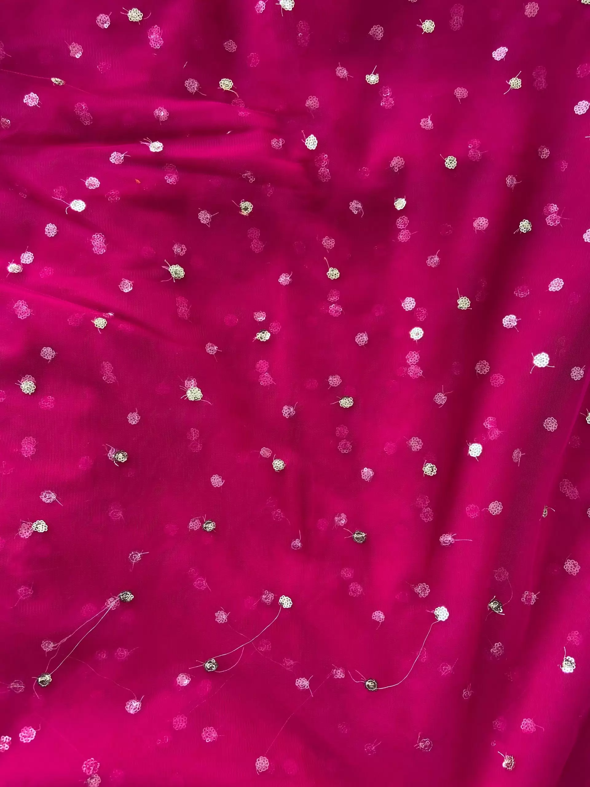 All Over Gold Sequin Buti On Rani Pink Net Fabric