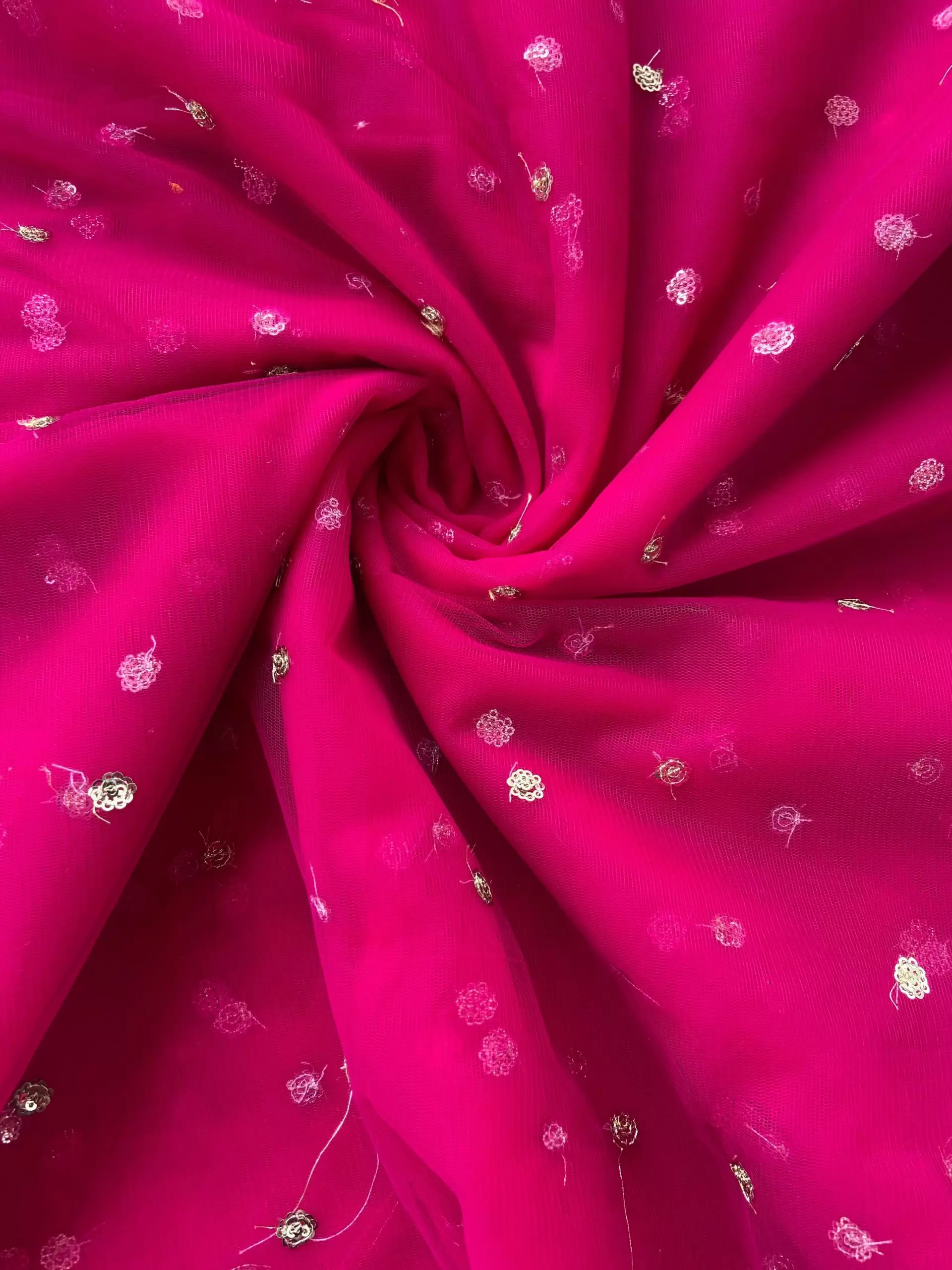 All Over Gold Sequin Buti On Rani Pink Net Fabric