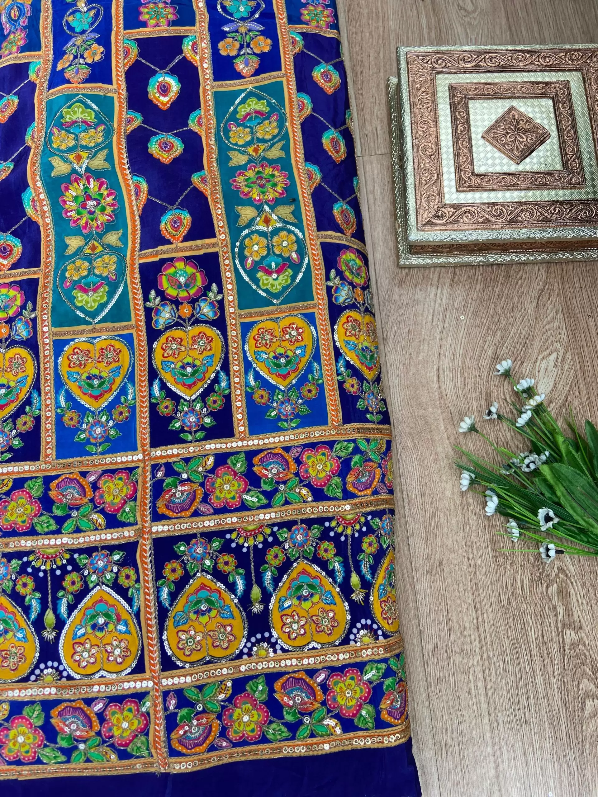 Multicolour Position Print With Heavy Cording Dori & Sequin Embroidery On Blue to Dark Blue Pure Crepe Fabric