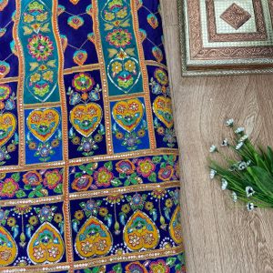 Multicolour Position Print With Heavy Cording Dori & Sequin Embroidery On Blue to Dark Blue Pure Crepe Fabric