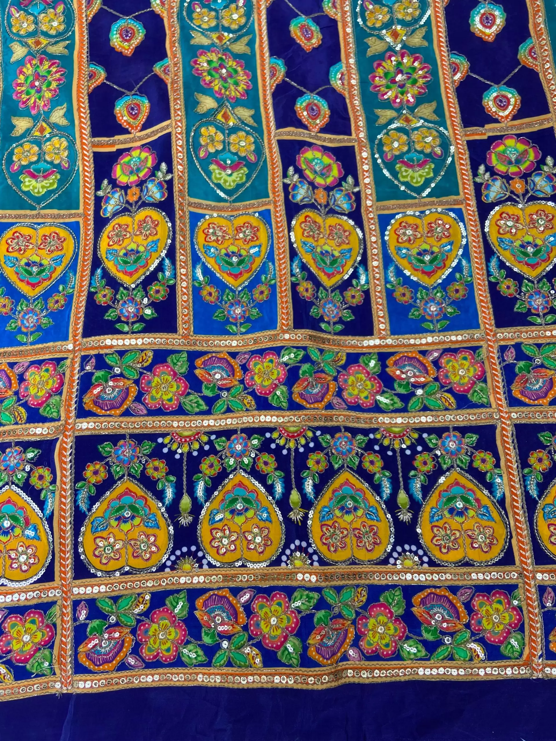 Multicolour Position Print With Heavy Cording Dori & Sequin Embroidery On Blue to Dark Blue Pure Crepe Fabric