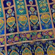 Multicolour Position Print With Heavy Cording Dori & Sequin Embroidery On Blue to Dark Blue Pure Crepe Fabric