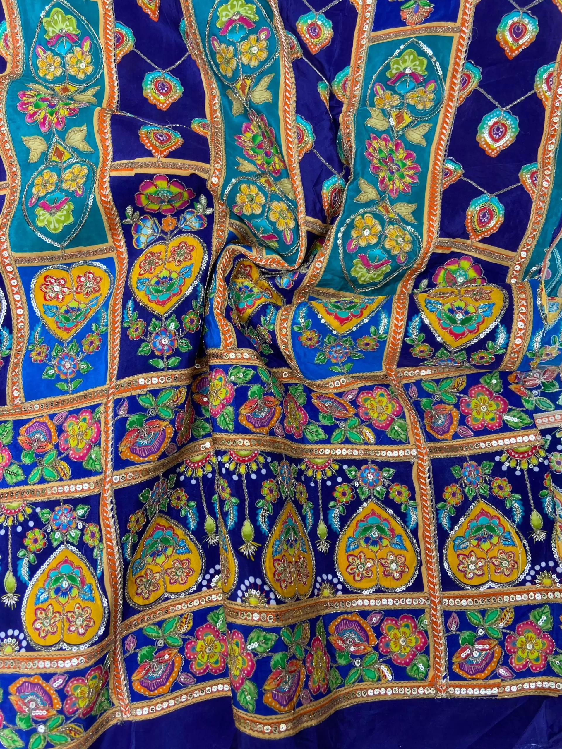 Multicolour Position Print With Heavy Cording Dori & Sequin Embroidery On Blue to Dark Blue Pure Crepe Fabric