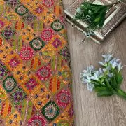 Multicolour Position Print With Heavy Cording Dori & Sequin Embroidery On Orange Pure Crepe Fabric