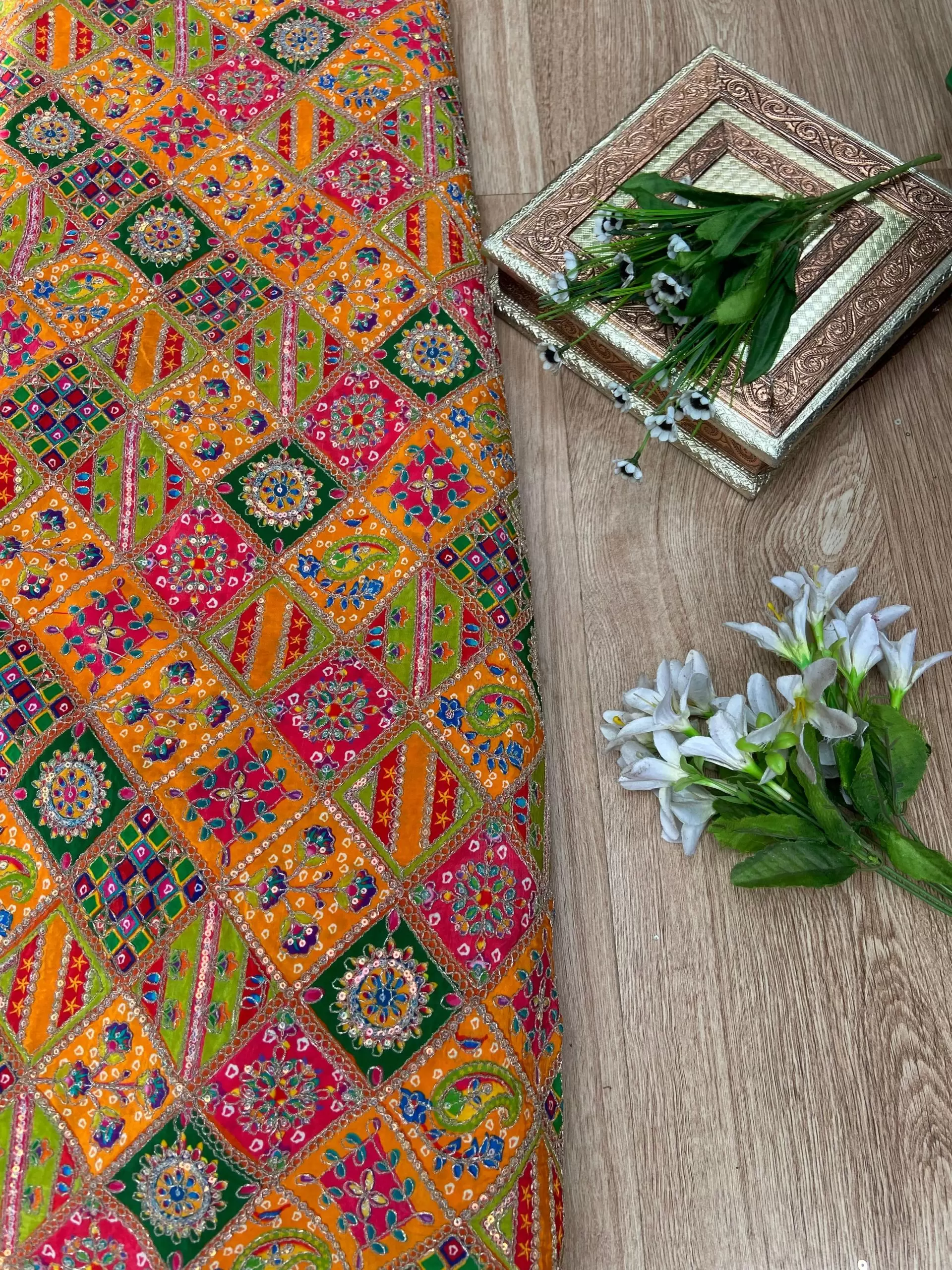 Multicolour Position Print With Heavy Cording Dori & Sequin Embroidery On Orange Pure Crepe Fabric