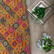 Multicolour Position Print With Heavy Cording Dori & Sequin Embroidery On Orange Pure Crepe Fabric