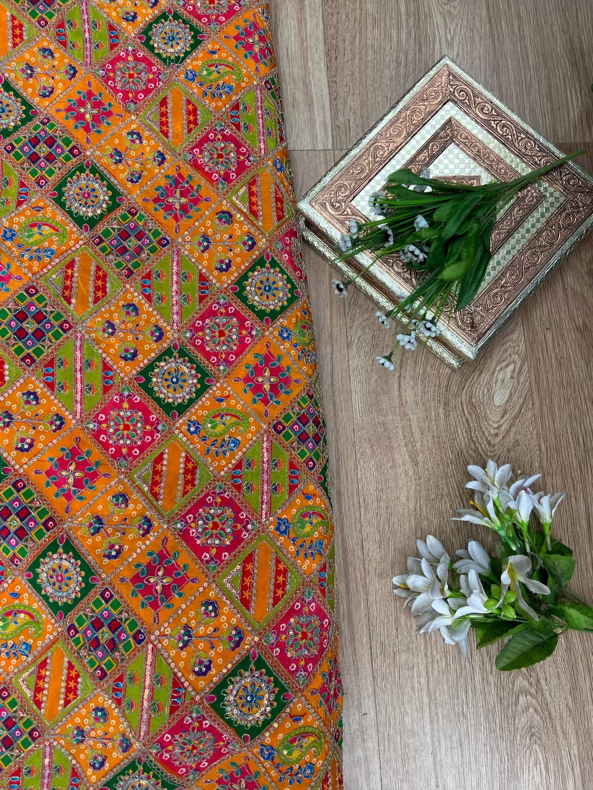 Multicolour Position Print With Heavy Cording Dori & Sequin Embroidery On Orange Pure Crepe Fabric