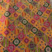 Multicolour Position Print With Heavy Cording Dori & Sequin Embroidery On Orange Pure Crepe Fabric