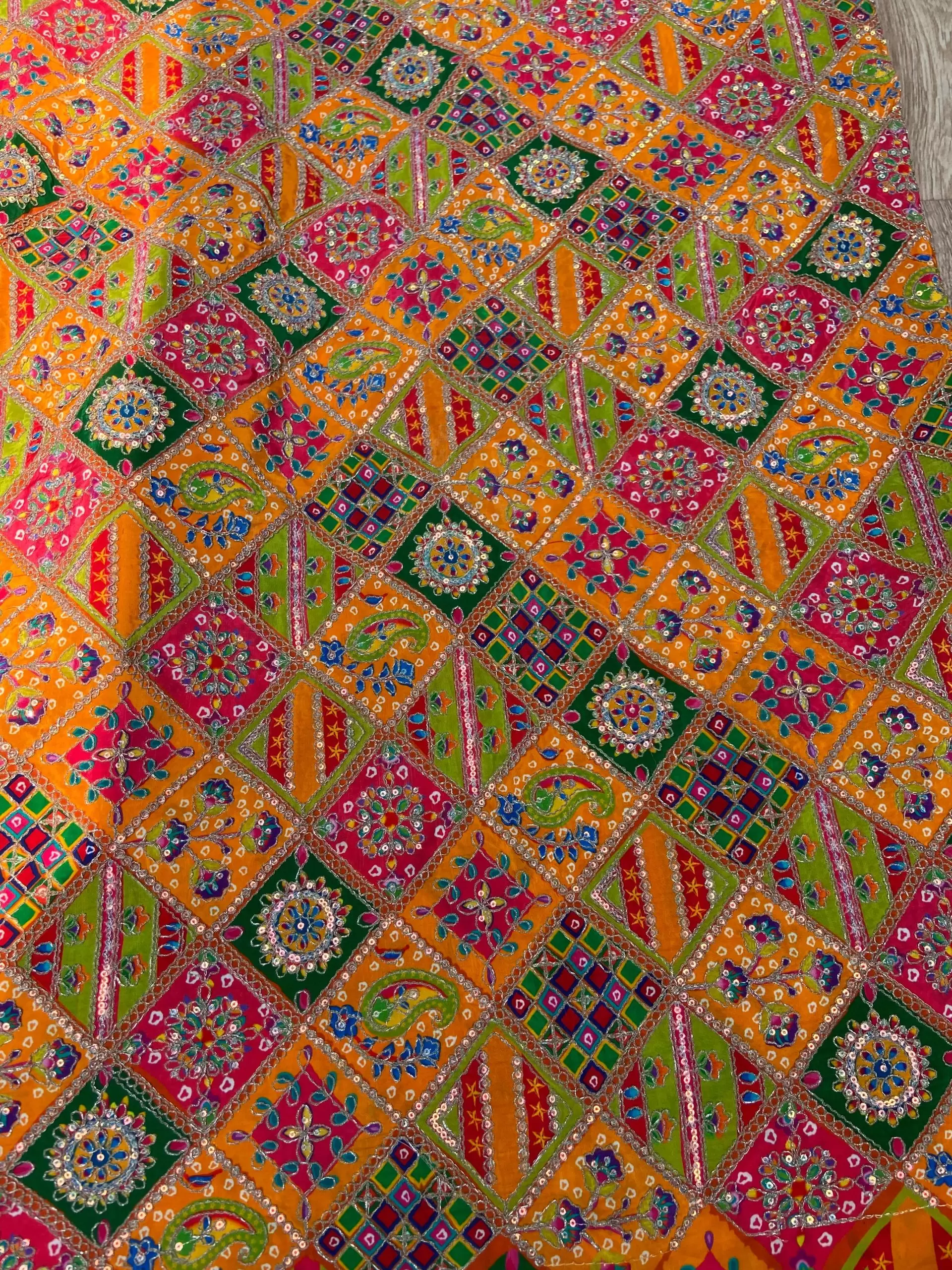 Multicolour Position Print With Heavy Cording Dori & Sequin Embroidery On Orange Pure Crepe Fabric