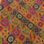 Multicolour Position Print With Heavy Cording Dori & Sequin Embroidery On Orange Pure Crepe Fabric