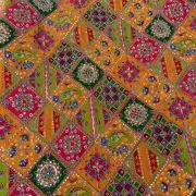 Multicolour Position Print With Heavy Cording Dori & Sequin Embroidery On Orange Pure Crepe Fabric