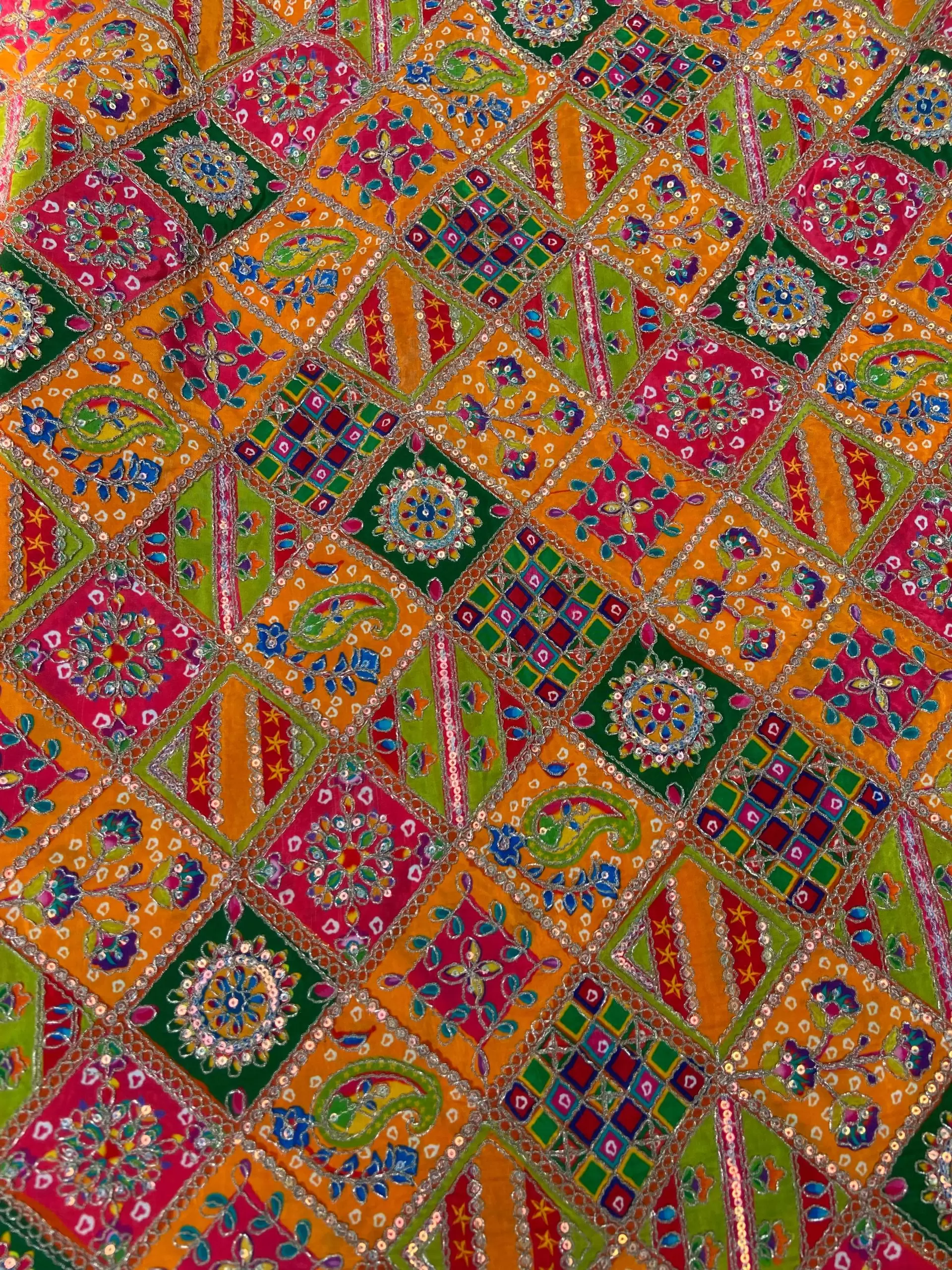 Multicolour Position Print With Heavy Cording Dori & Sequin Embroidery On Orange Pure Crepe Fabric