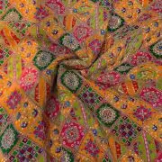 Multicolour Position Print With Heavy Cording Dori & Sequin Embroidery On Orange Pure Crepe Fabric