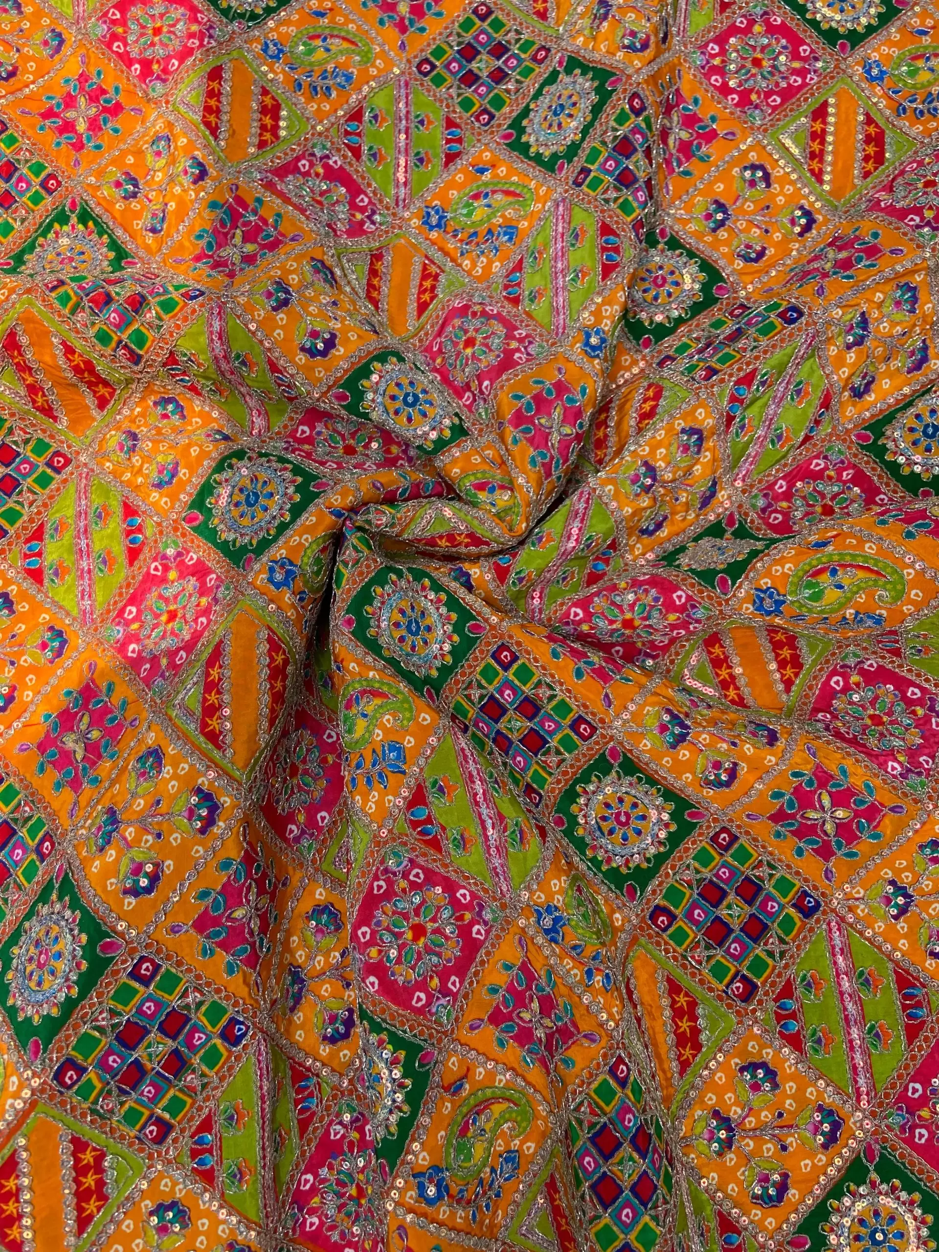 Multicolour Position Print With Heavy Cording Dori & Sequin Embroidery On Orange Pure Crepe Fabric