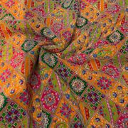 Multicolour Position Print With Heavy Cording Dori & Sequin Embroidery On Orange Pure Crepe Fabric