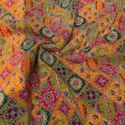 Multicolour Position Print With Heavy Cording Dori & Sequin Embroidery On Orange Pure Crepe Fabric