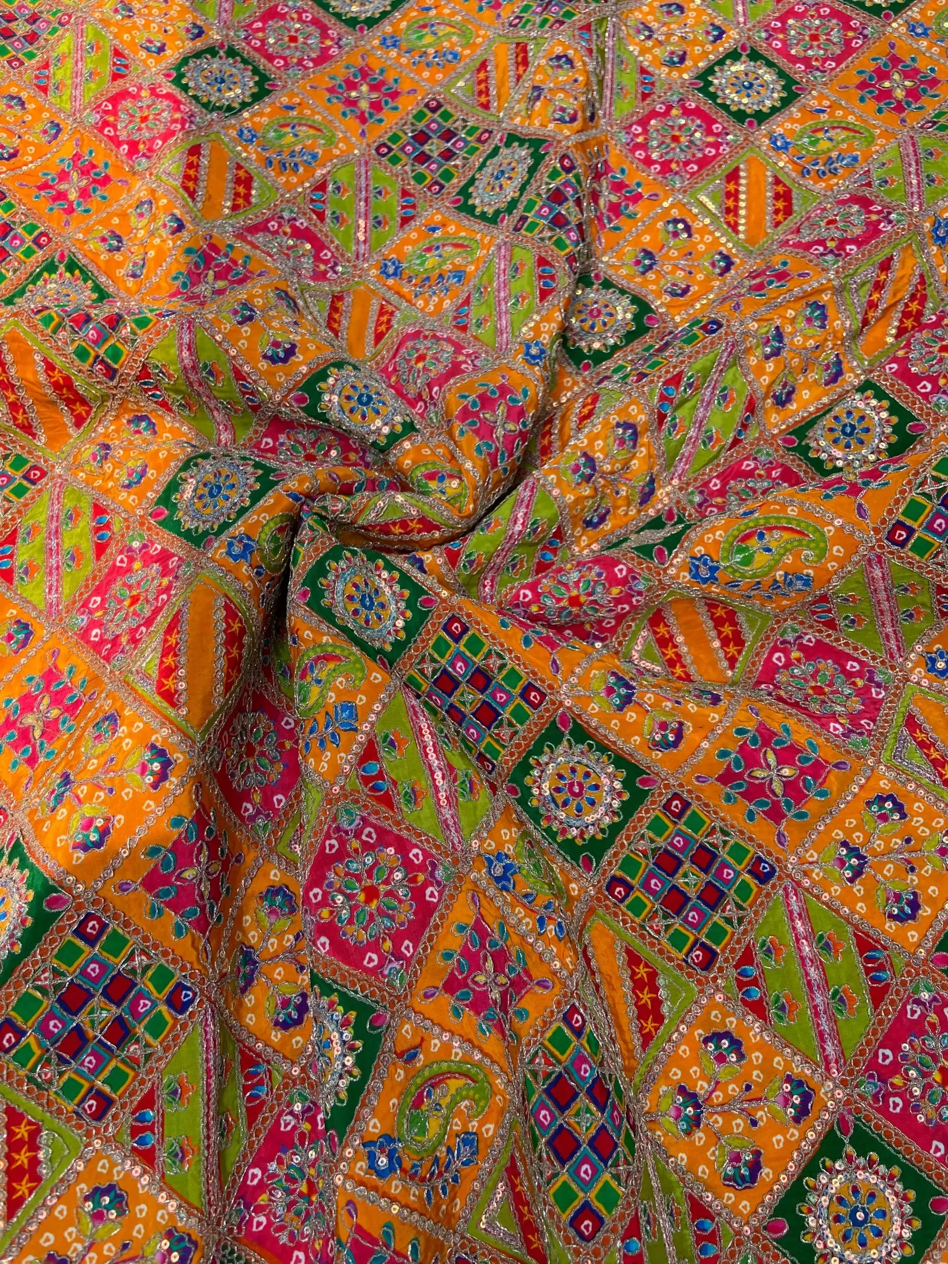 Multicolour Position Print With Heavy Cording Dori & Sequin Embroidery On Orange Pure Crepe Fabric
