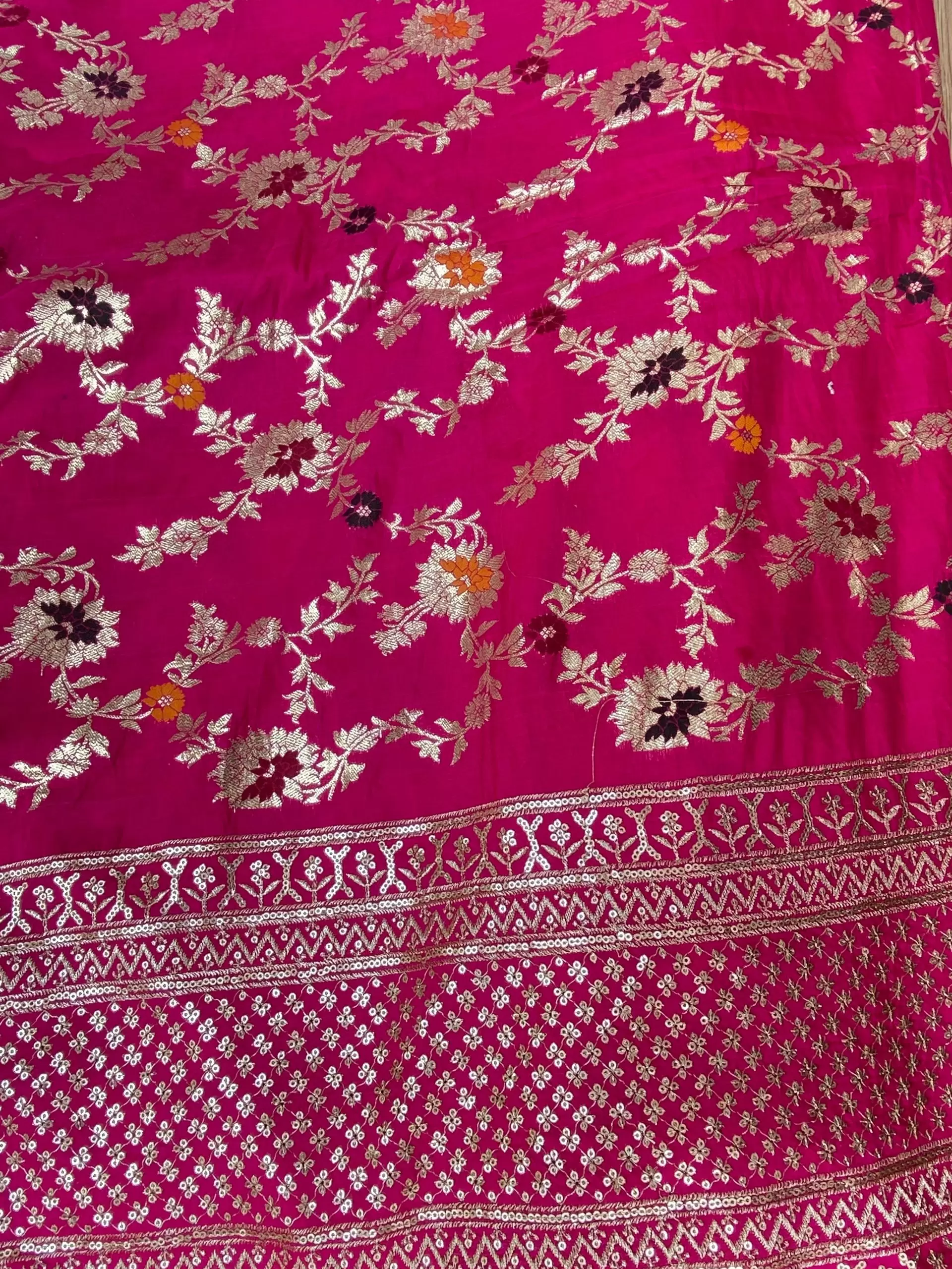 Pink Traditional Printed Pure Silk Fabric with Heavy Border