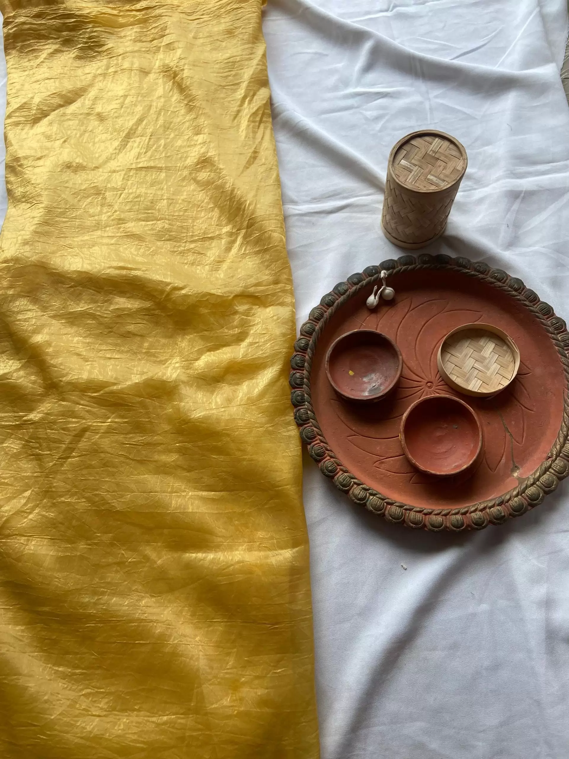 Yellow crush tissue silk fabric