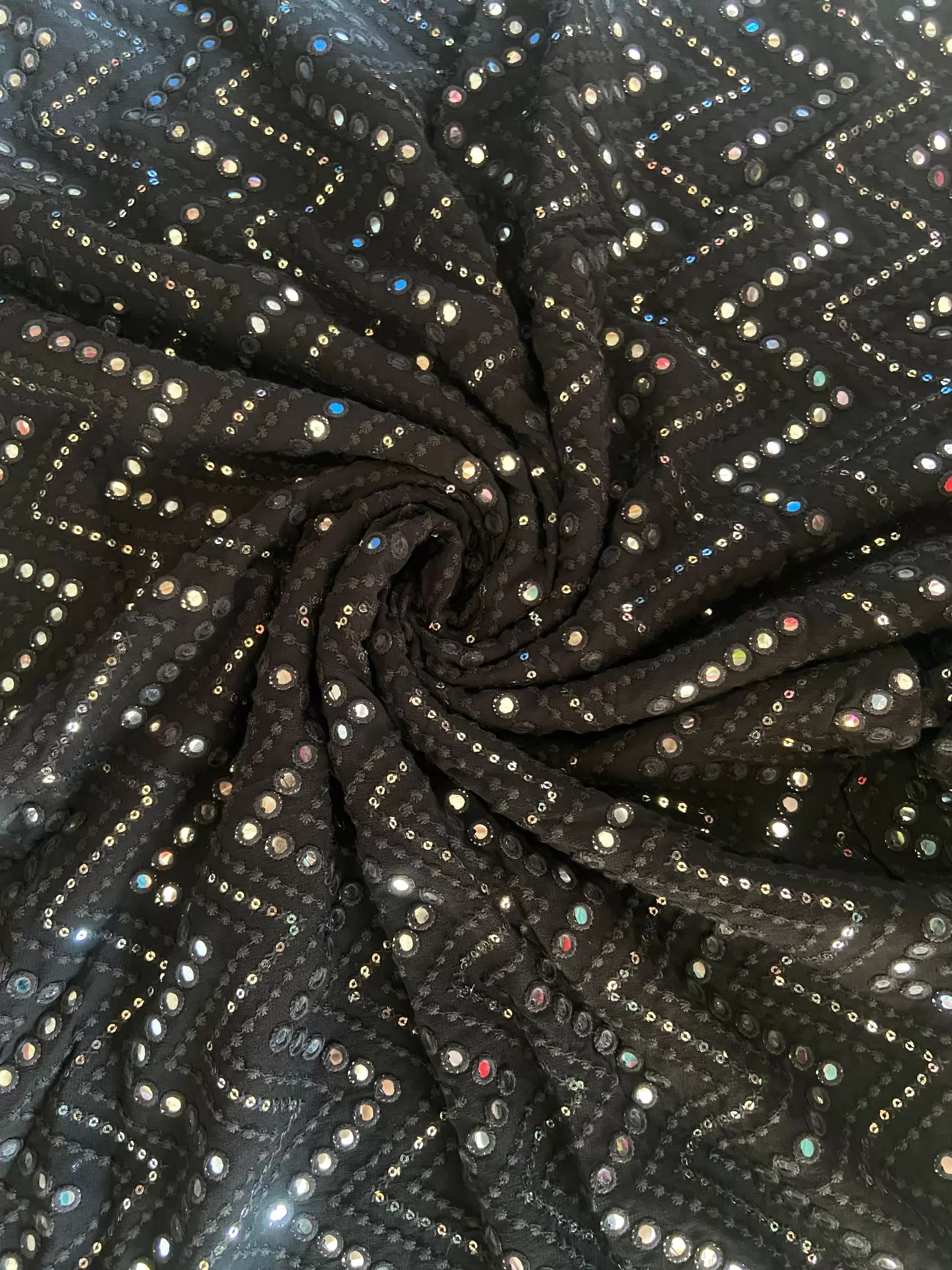Black Pure Georgette Mirror and Thread Embroidered Fabric in Zig Zag Pattern