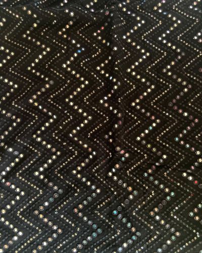 Black Pure Georgette Mirror and Thread Embroidered Fabric in Zig Zag Pattern