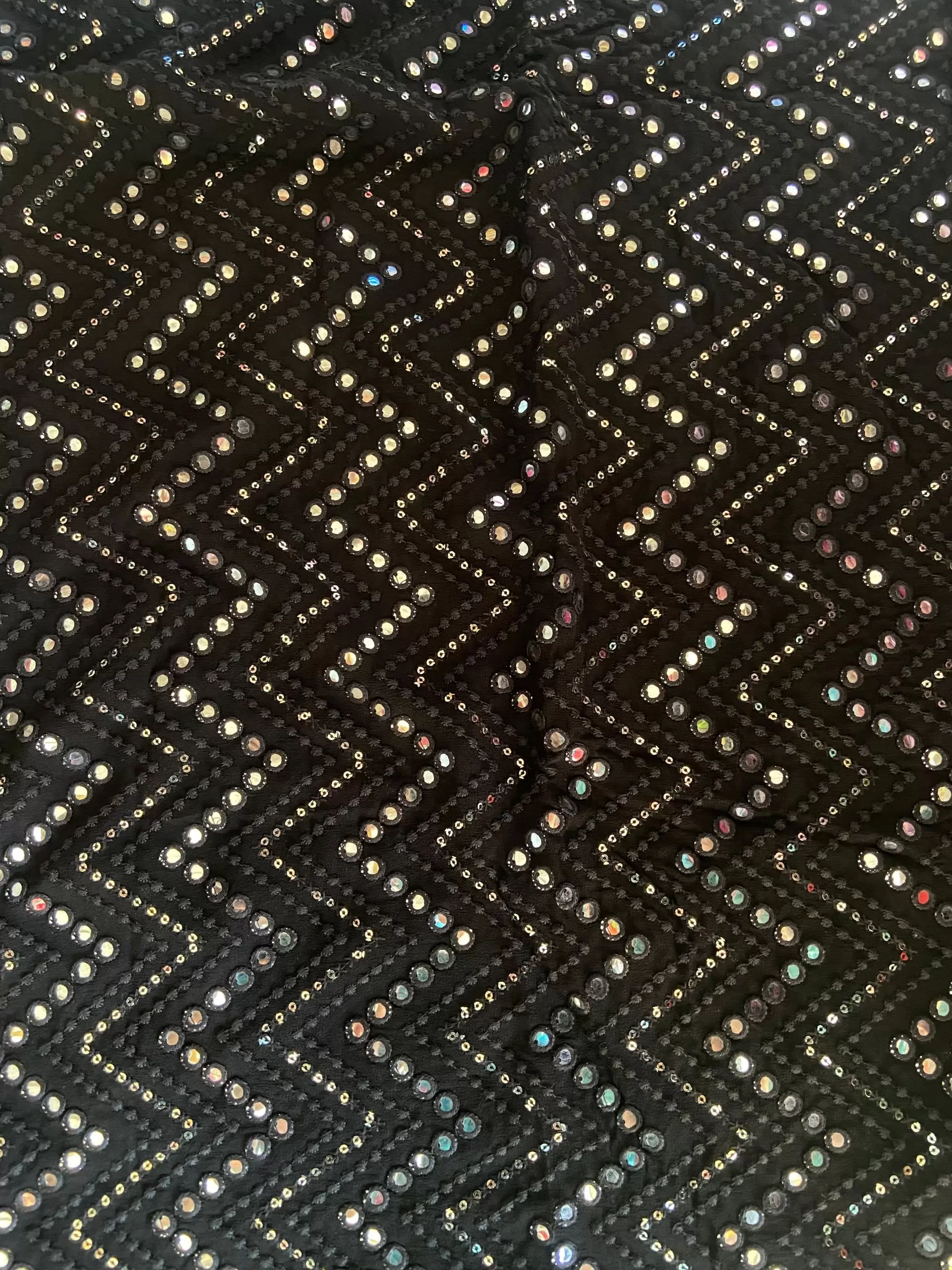 Black Pure Georgette Mirror and Thread Embroidered Fabric in Zig Zag Pattern
