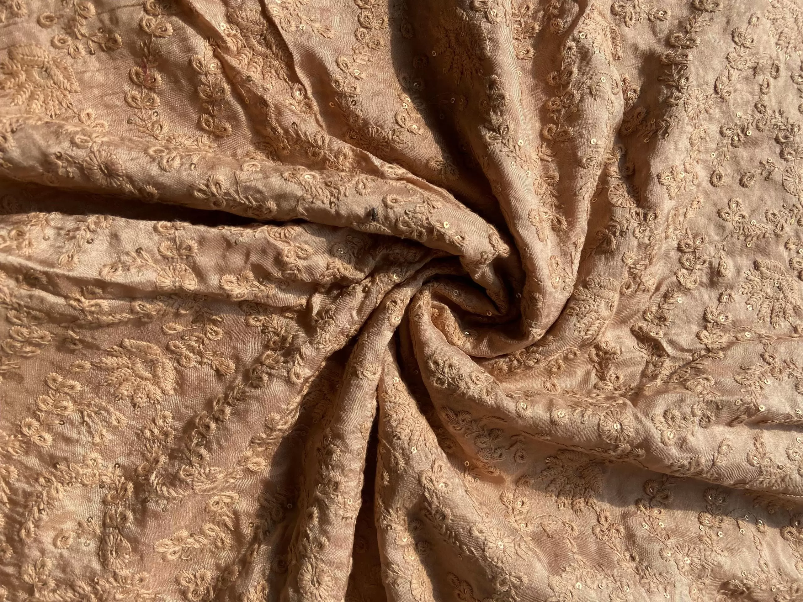 Golden tone on tone chikankari embroidered Pure mysore silk fabric