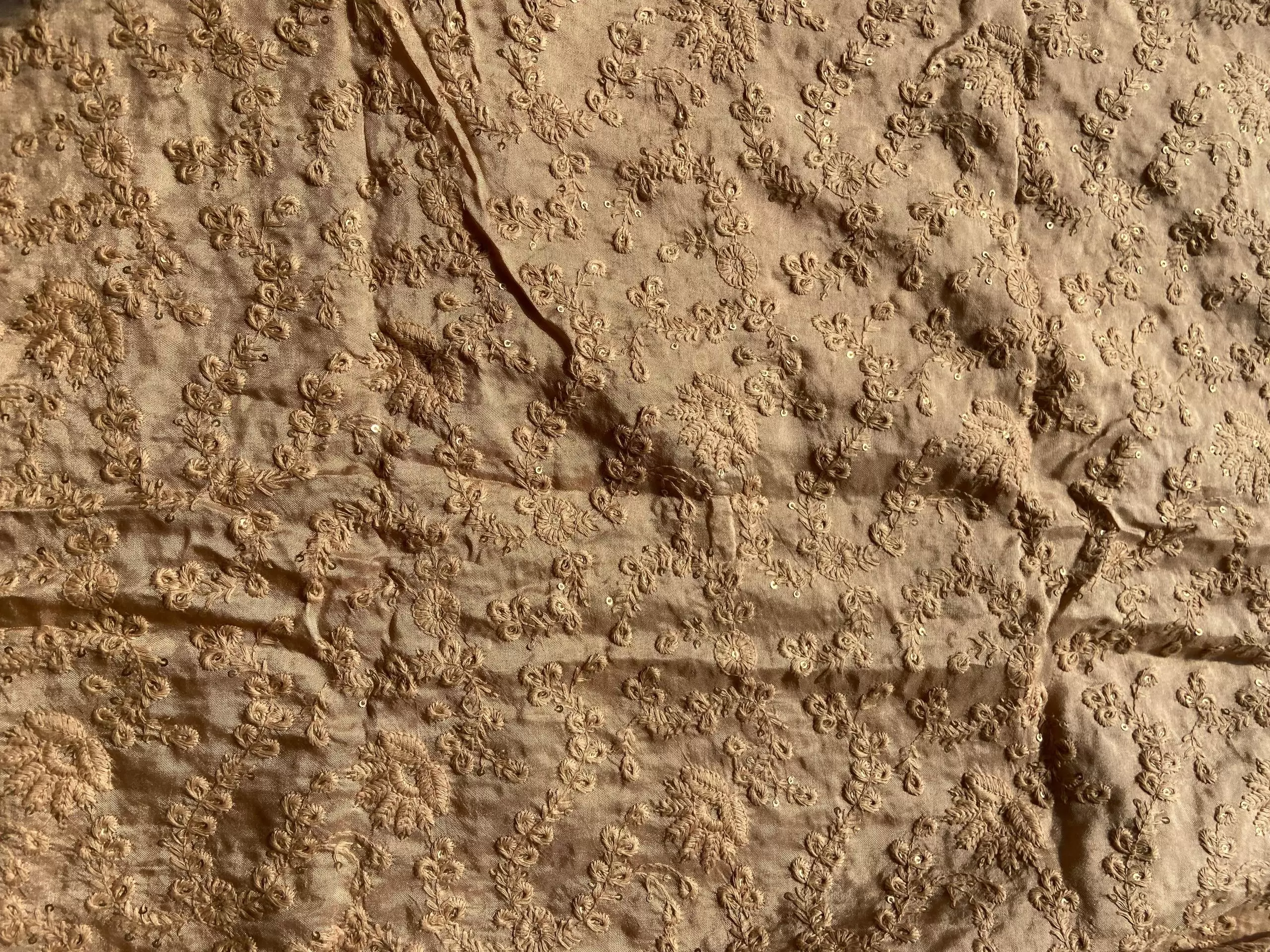 Golden tone on tone chikankari embroidered Pure mysore silk fabric