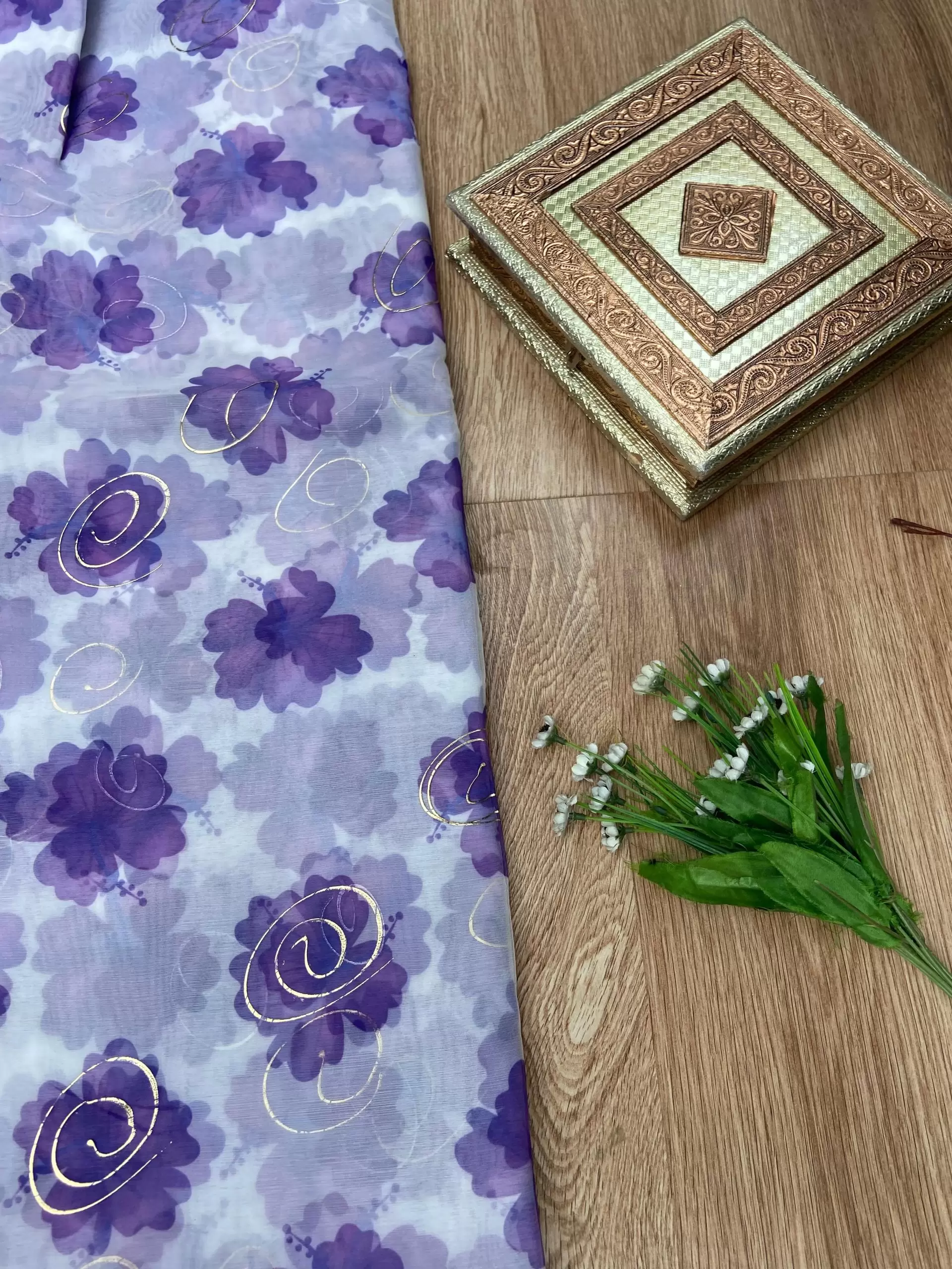 Purple floral Print With Gold Foil Detailing Fabric