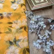 Yellow floral Print With Gold Foil Detailing On Organza Fabric