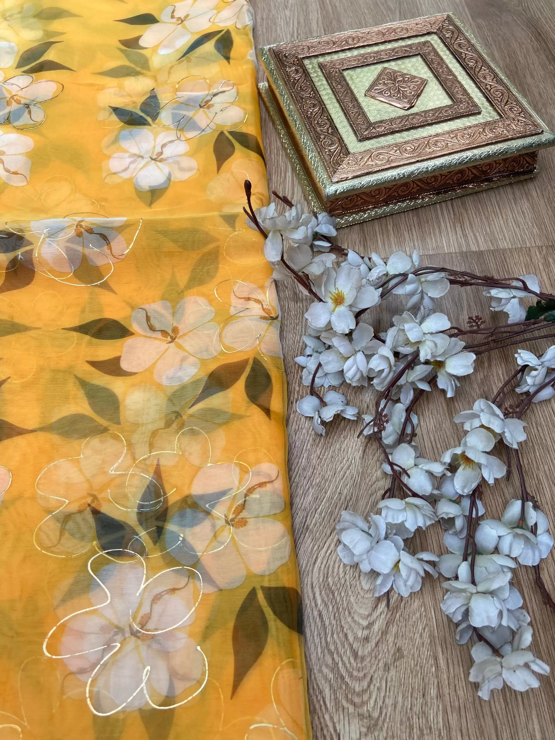 Yellow floral Print With Gold Foil Detailing On Organza Fabric