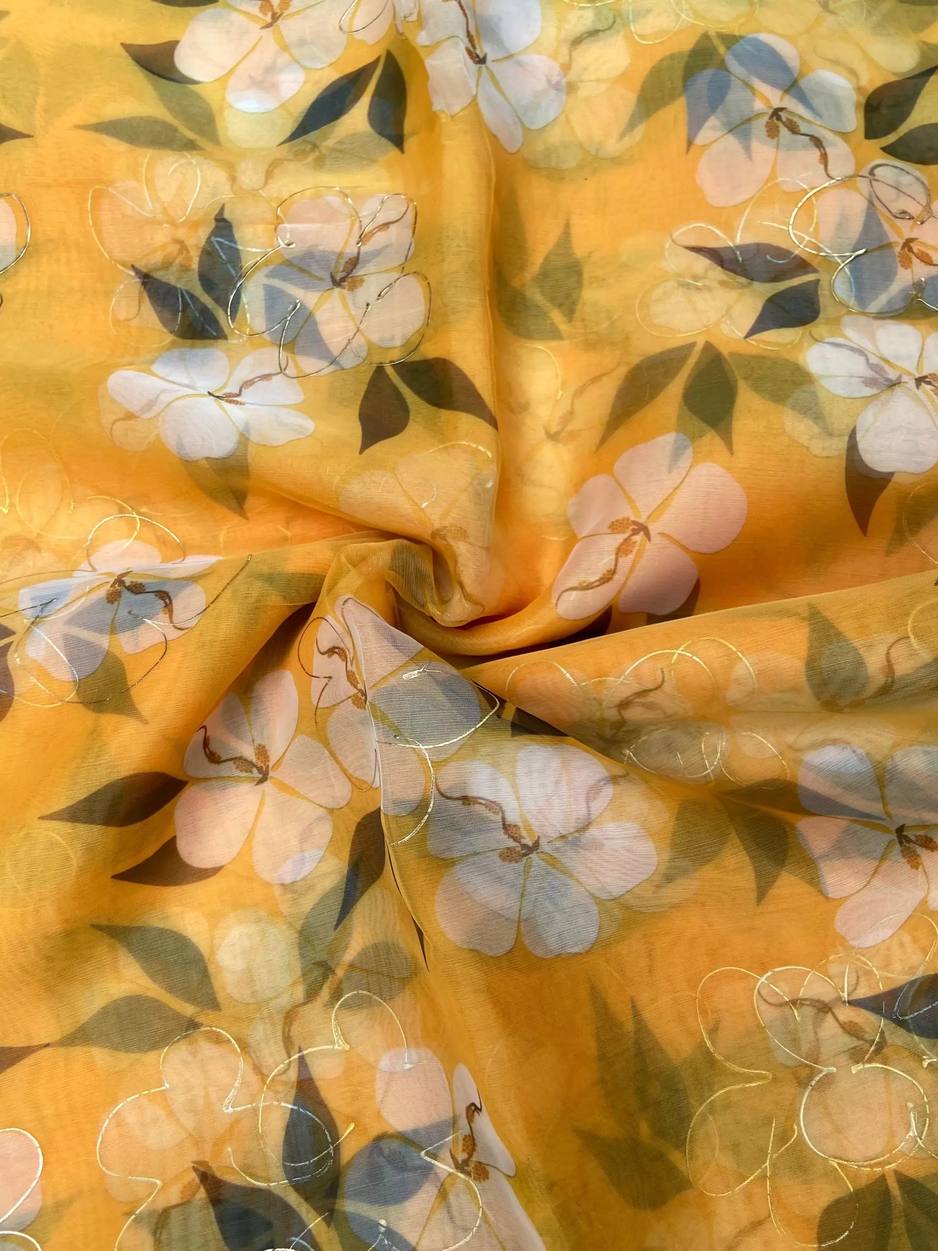 Yellow floral Print With Gold Foil Detailing On Organza Fabric