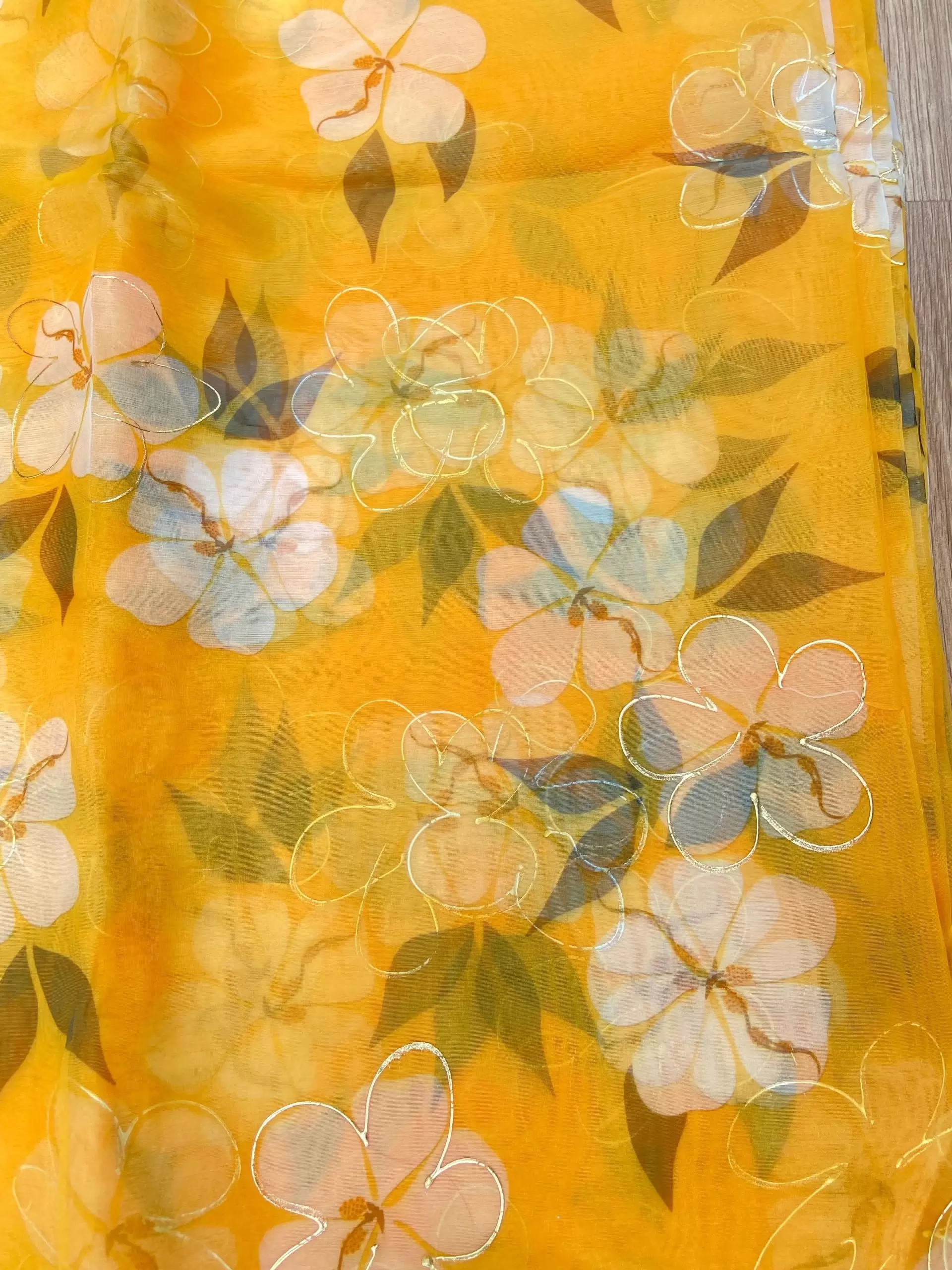 Yellow floral Print With Gold Foil Detailing On Organza Fabric