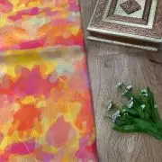 Orange Multicolour Tie & Dye Shibori Printed Organza Fabric with Gold Foil Detailing