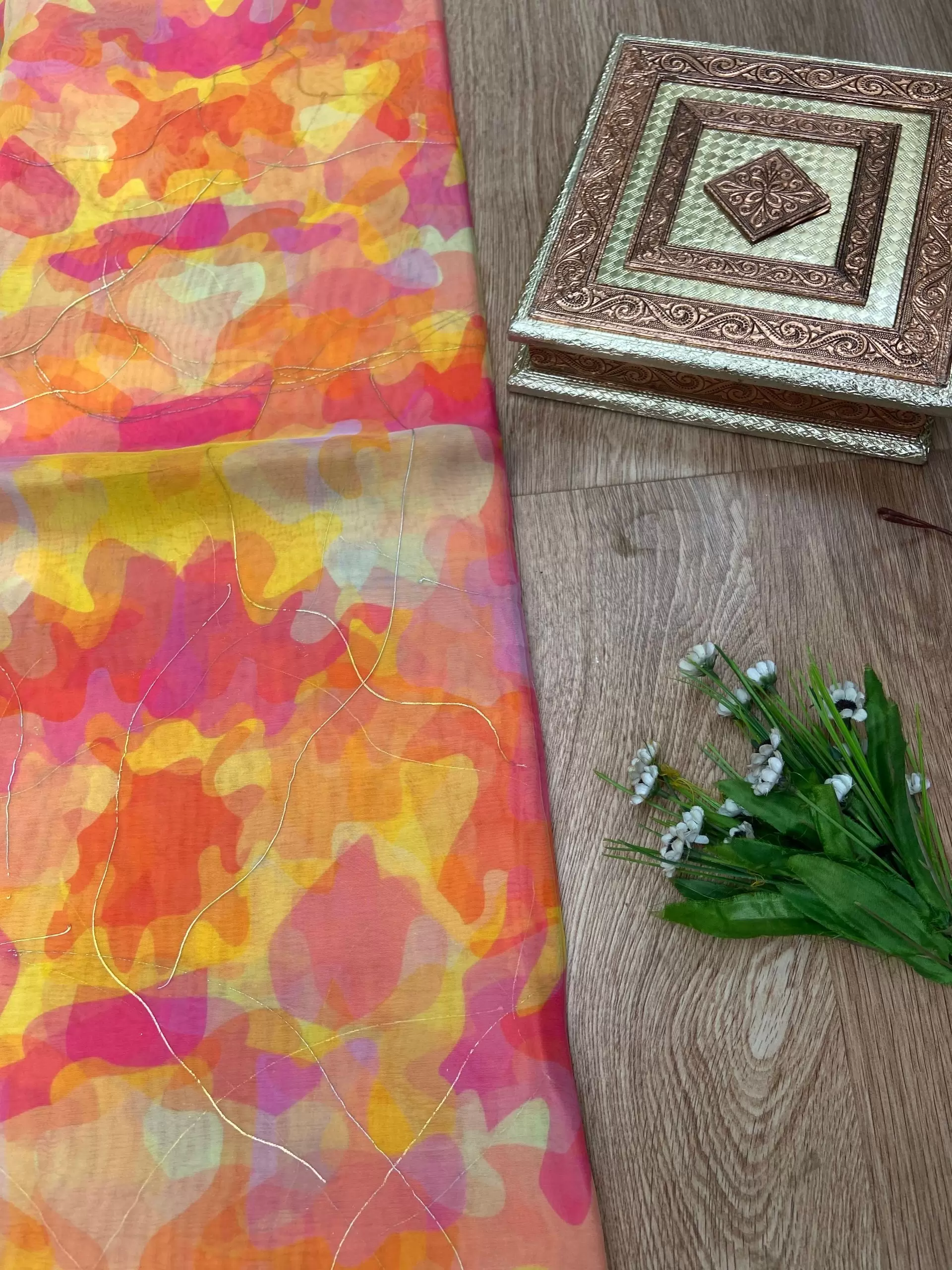 Orange Multicolour Tie & Dye Shibori Printed Organza Fabric with Gold Foil Detailing