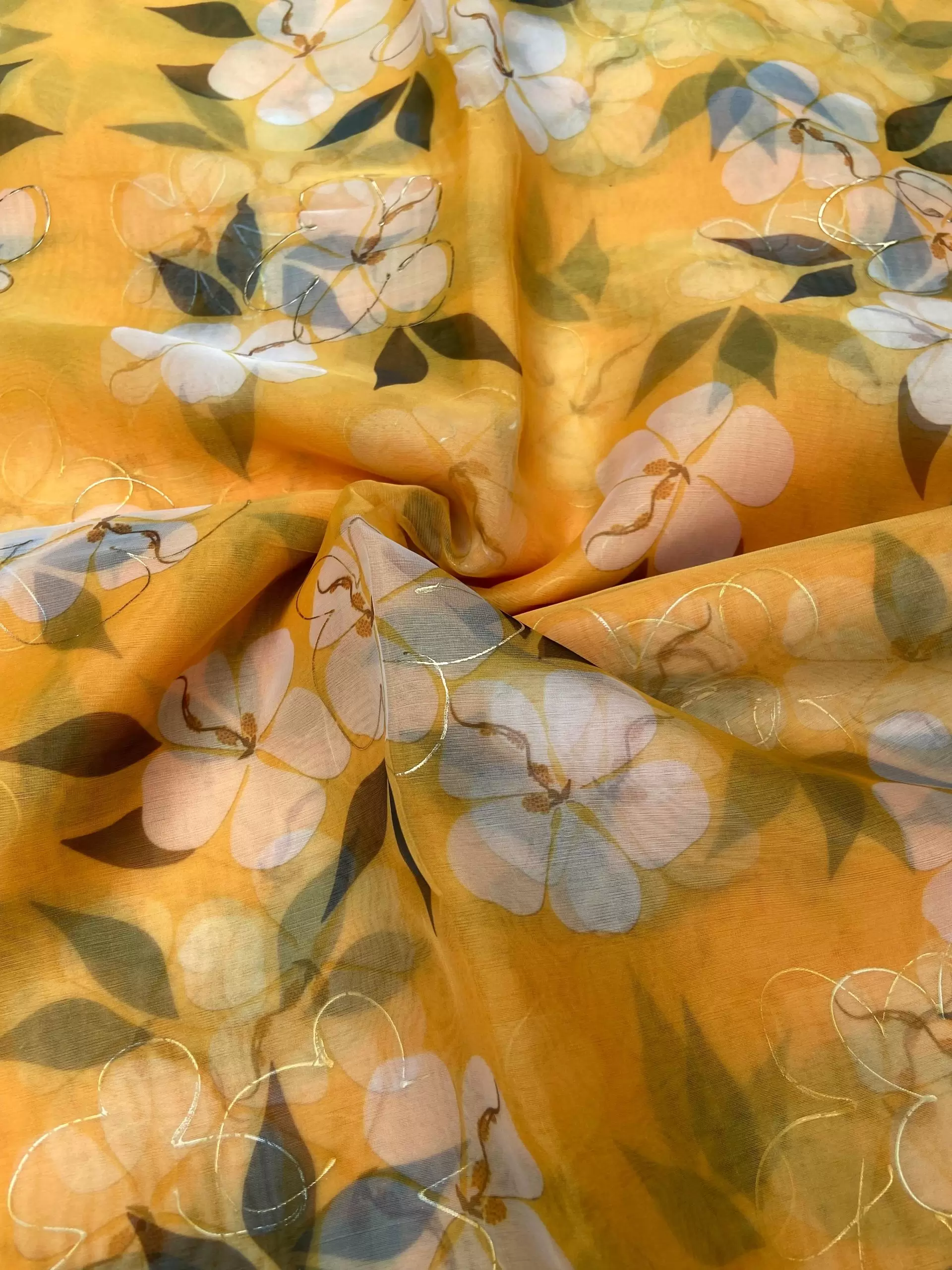 Yellow floral Print With Gold Foil Detailing On Organza Fabric