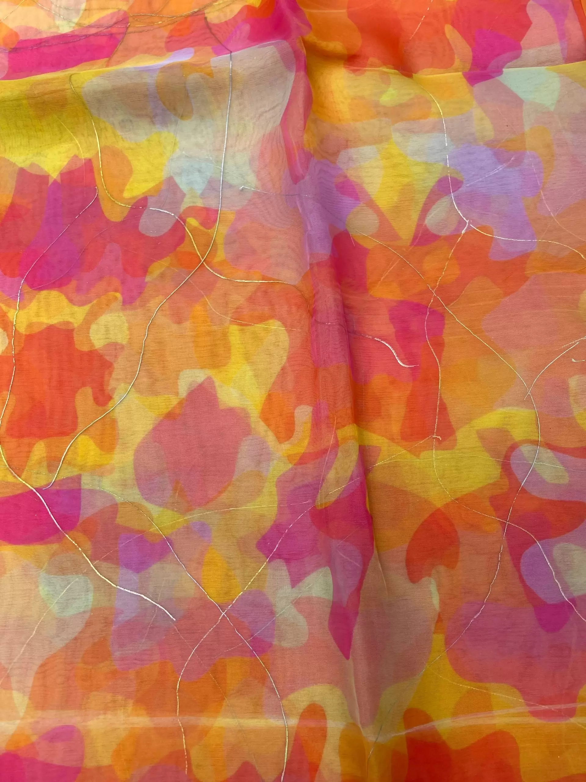 Orange Multicolour Tie & Dye Shibori Printed Organza Fabric with Gold Foil Detailing