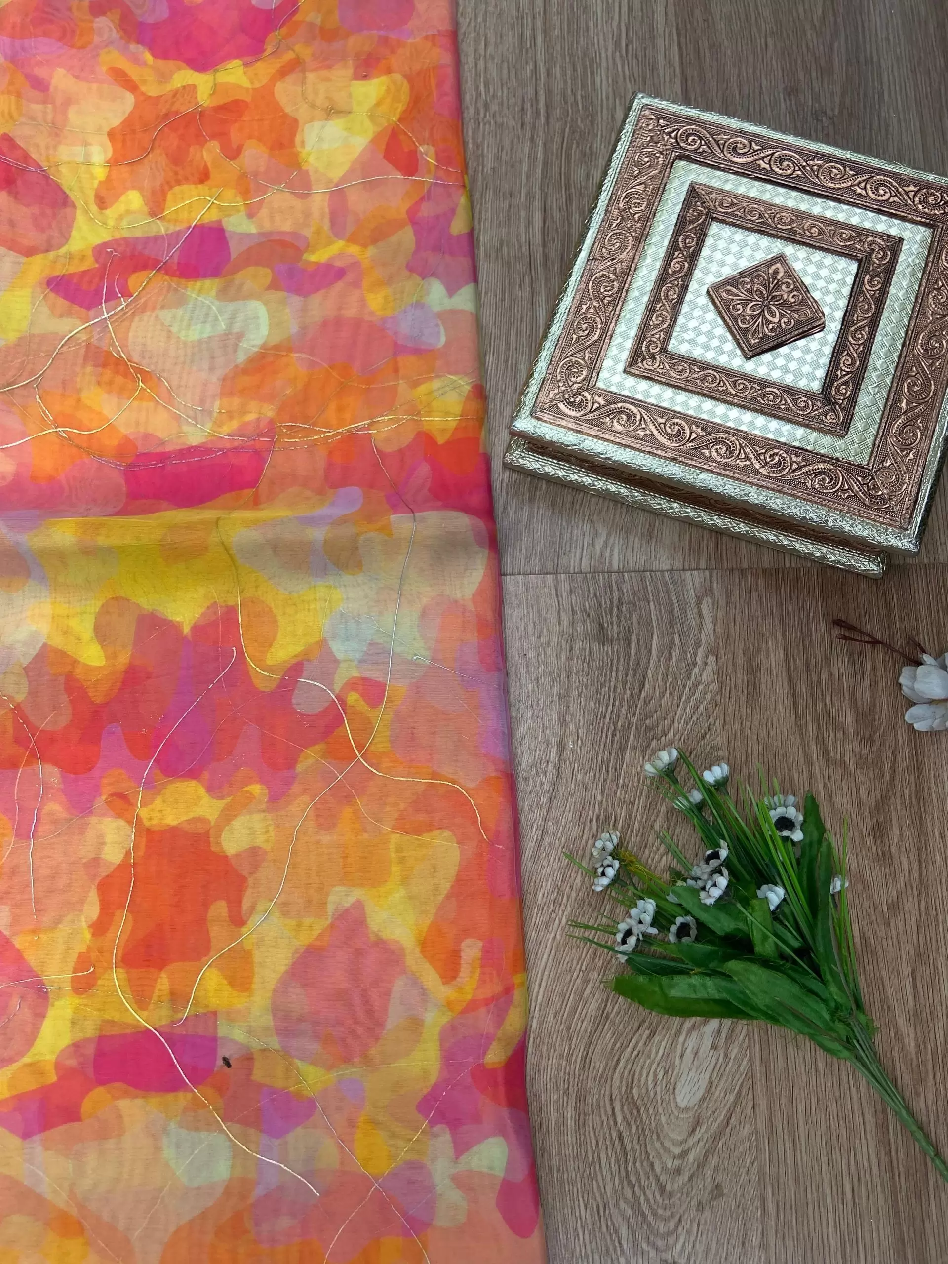 Orange Multicolour Tie & Dye Shibori Printed Organza Fabric with Gold Foil Detailing