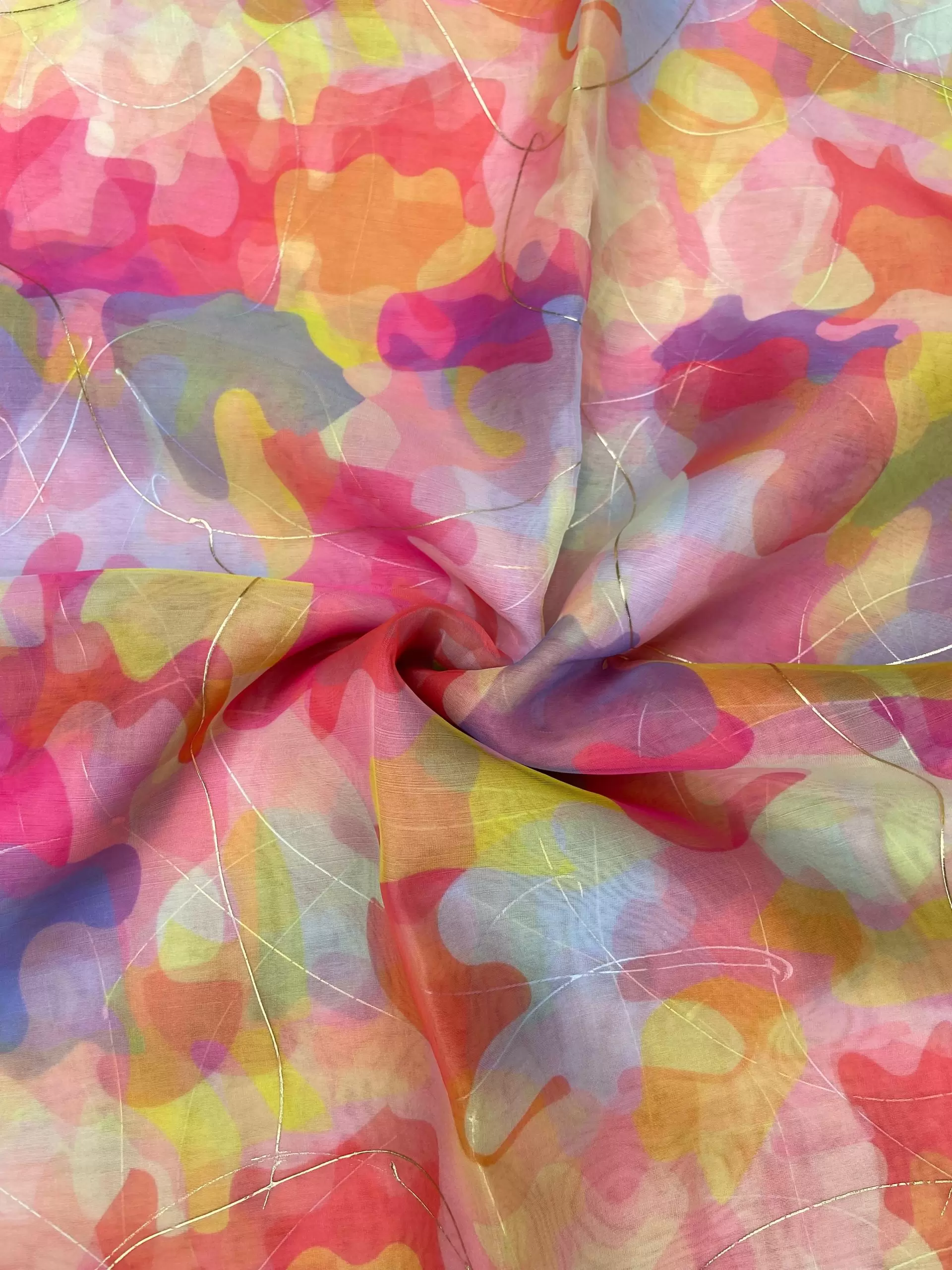 Pink Multicolour Tie & Dye Shibori Printed Organza Fabric with Gold Foil Detailing