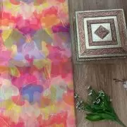 Pink Multicolour Tie & Dye Shibori Printed Organza Fabric with Gold Foil Detailing