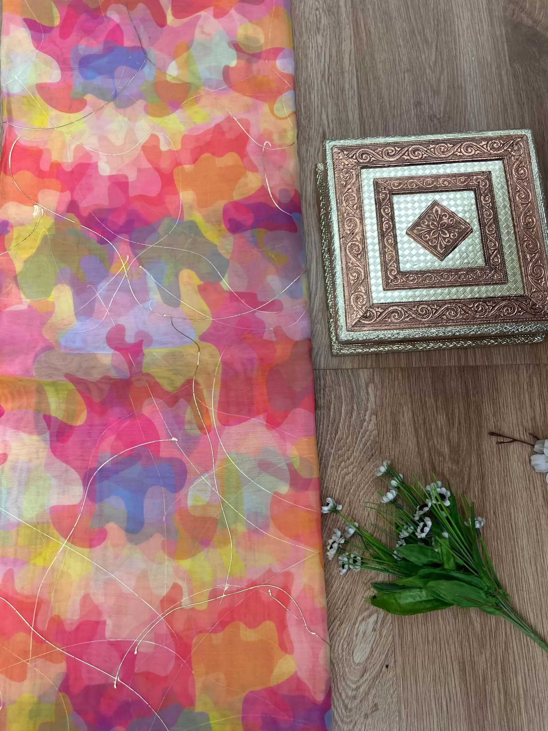 Pink Multicolour Tie & Dye Shibori Printed Organza Fabric with Gold Foil Detailing