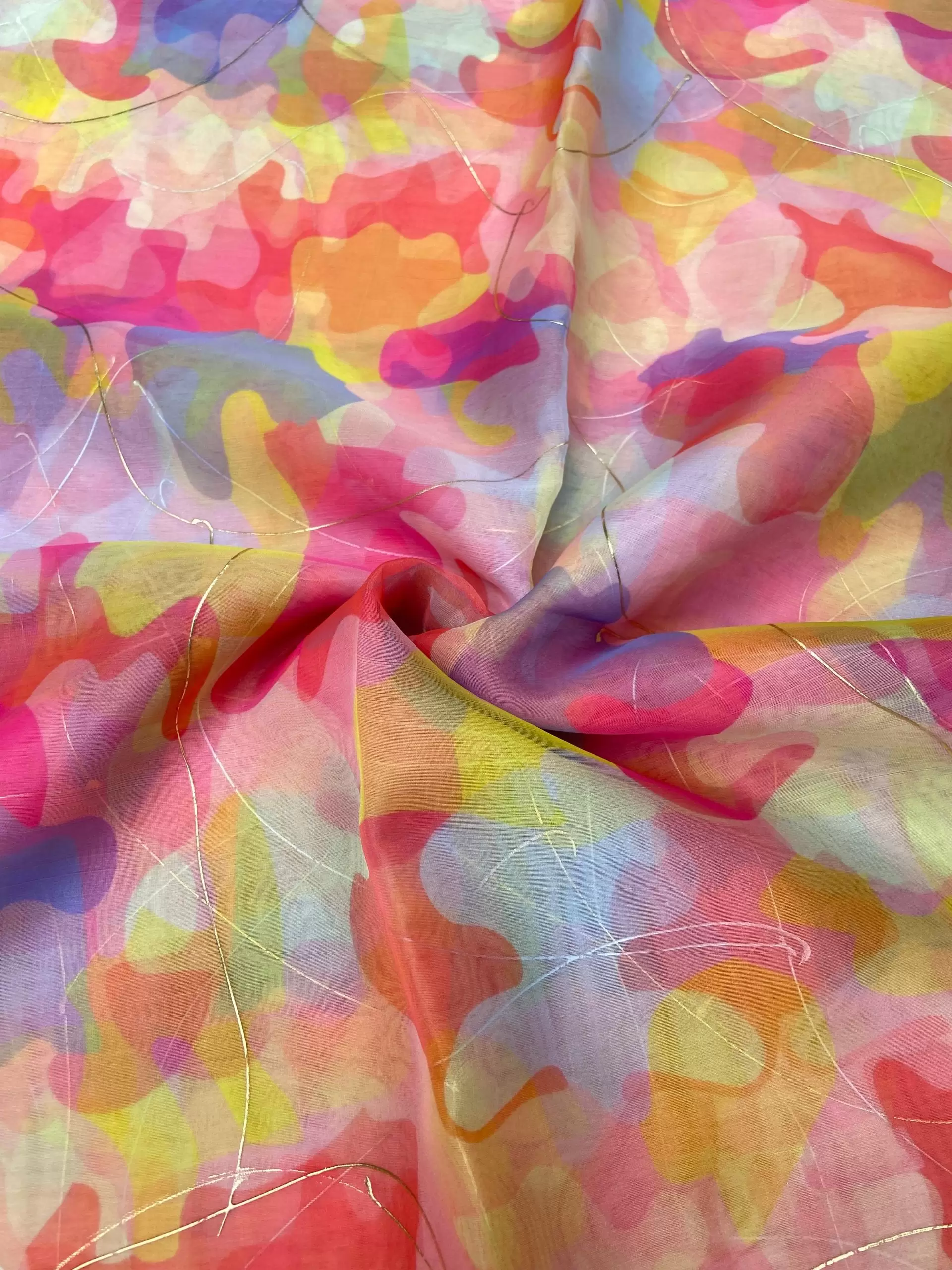 Pink Multicolour Tie & Dye Shibori Printed Organza Fabric with Gold Foil Detailing