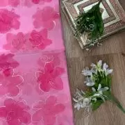 Party Pink floral Print With Gold Foil Detailing On Organza Fabric