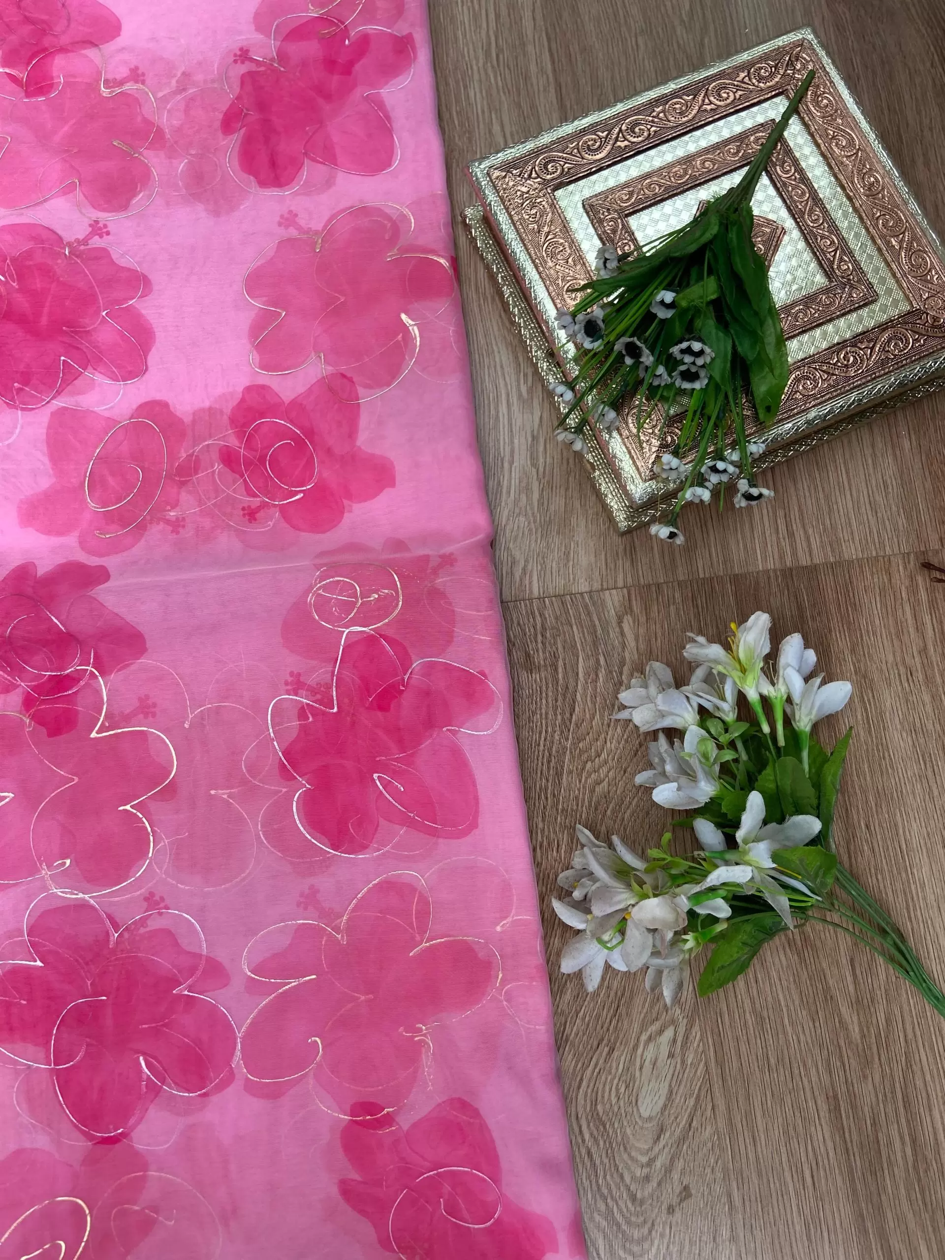 Party Pink floral Print With Gold Foil Detailing On Organza Fabric