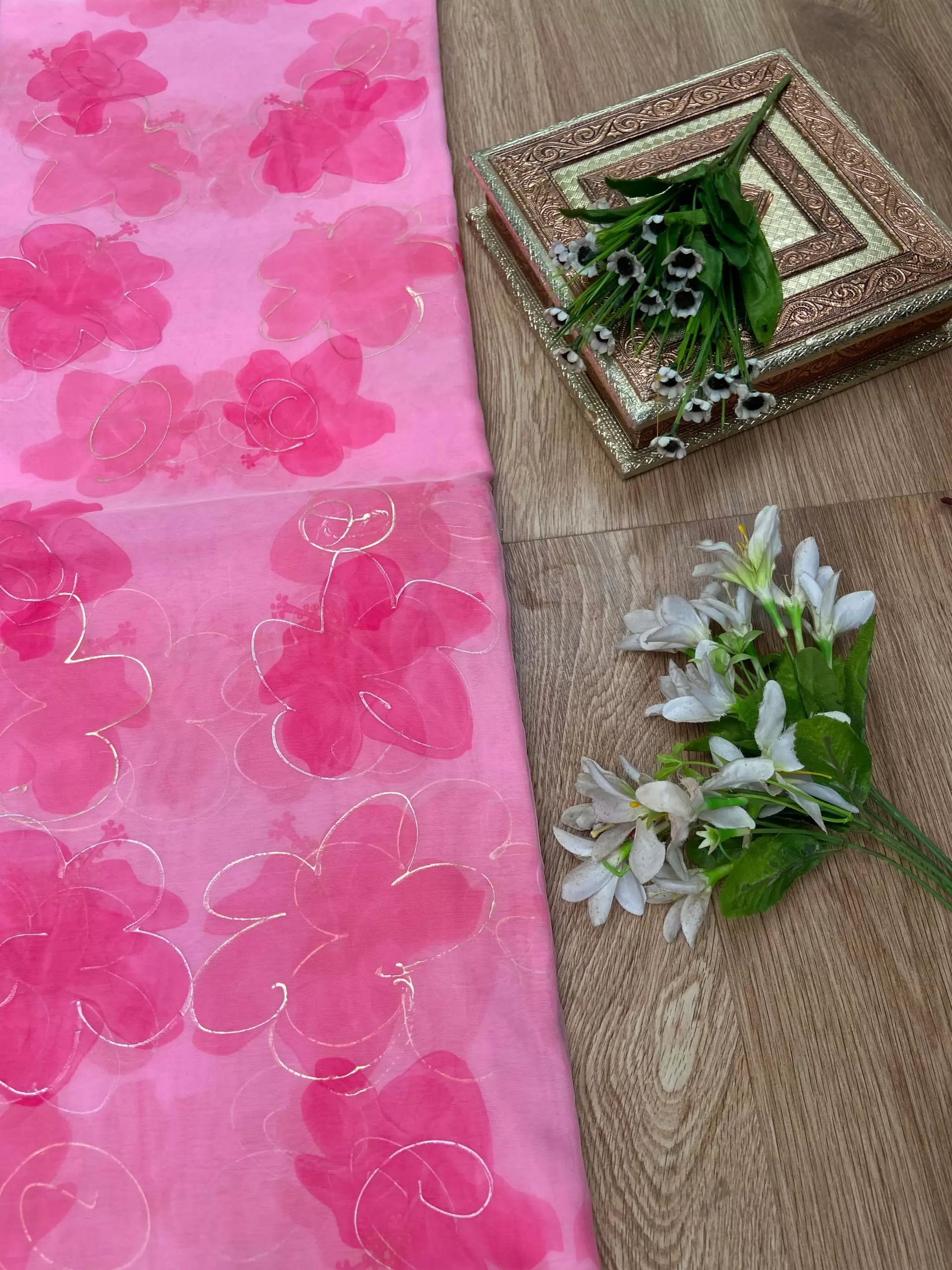 Party Pink floral Print With Gold Foil Detailing On Organza Fabric