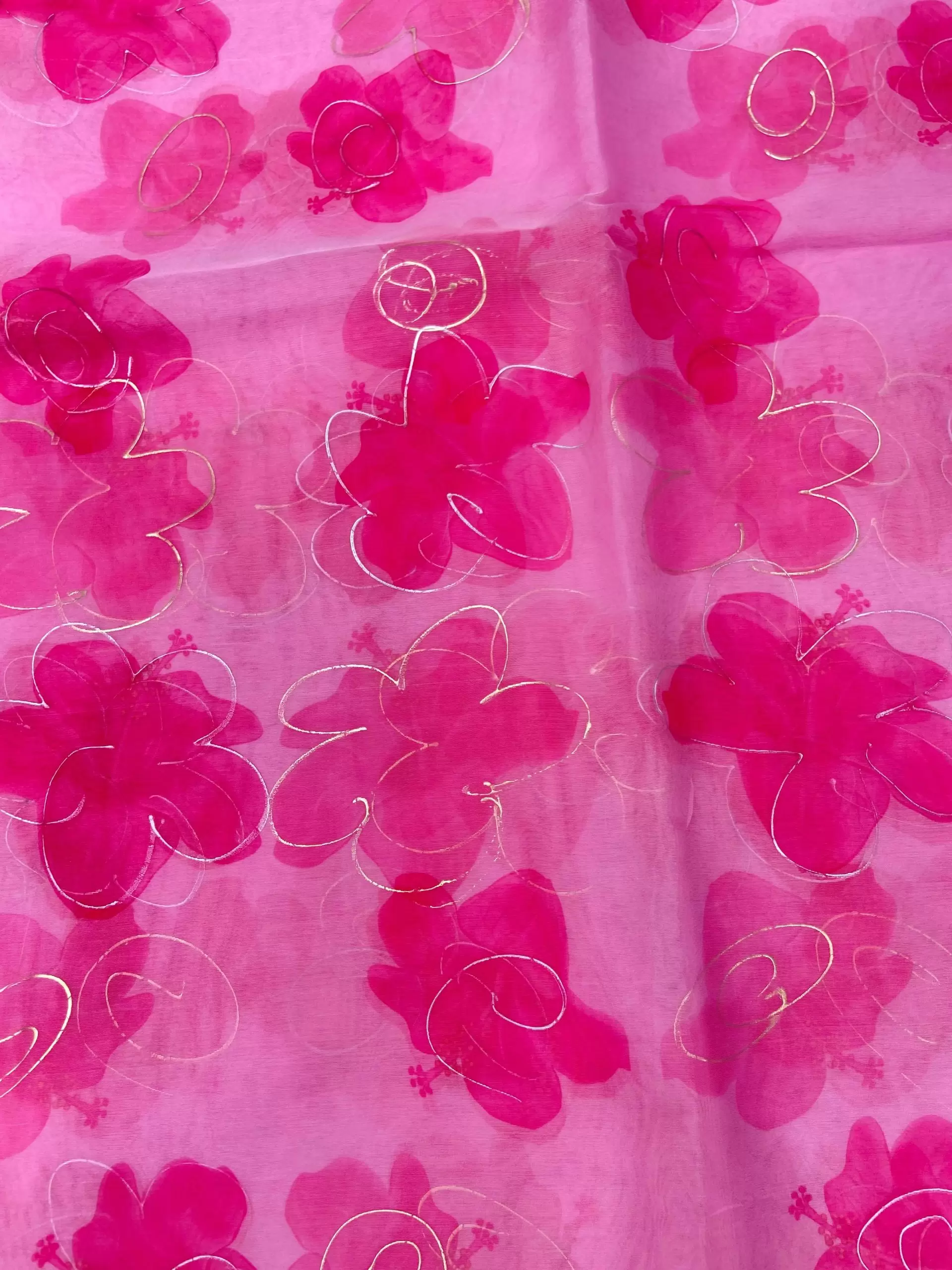 Party Pink floral Print With Gold Foil Detailing On Organza Fabric