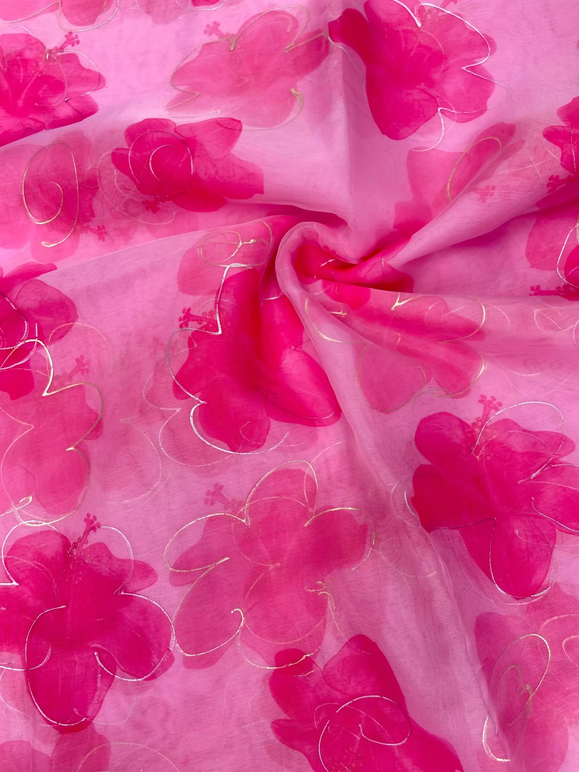 Party Pink floral Print With Gold Foil Detailing On Organza Fabric