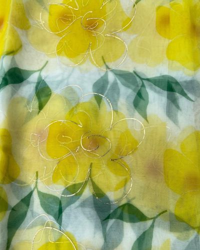 Lemon Yellow floral Print With Gold Foil Detailing On Organza Fabric
